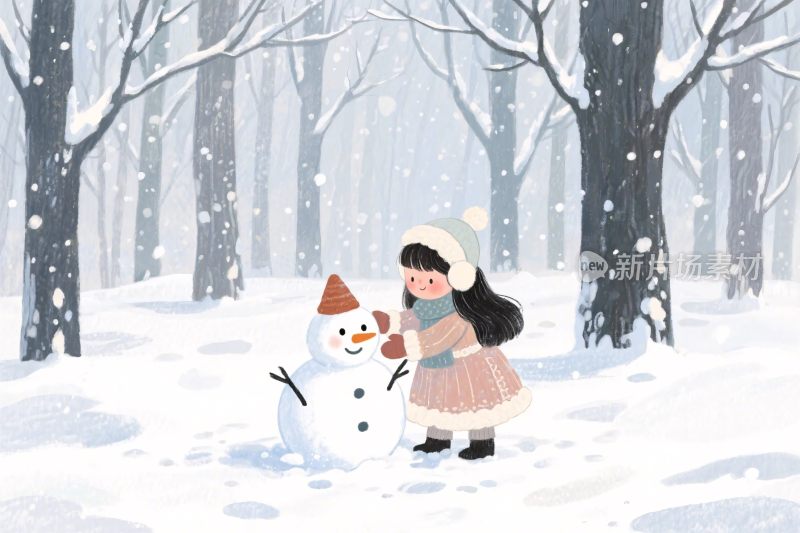 雪地里的小孩和雪人插画