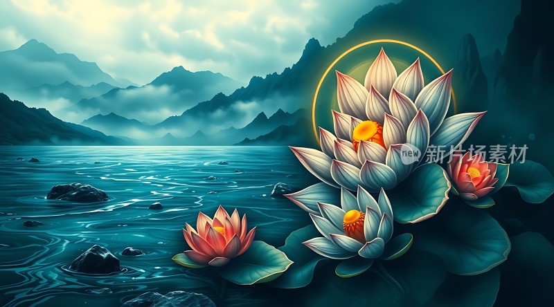 湖畔山色映荷花