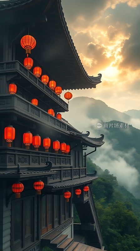 古风建筑山间灯笼