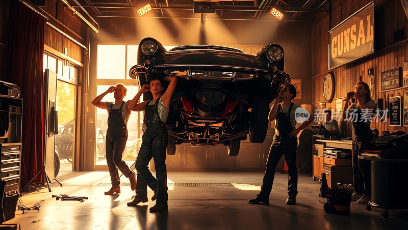 机械师团队协作修理经典汽车