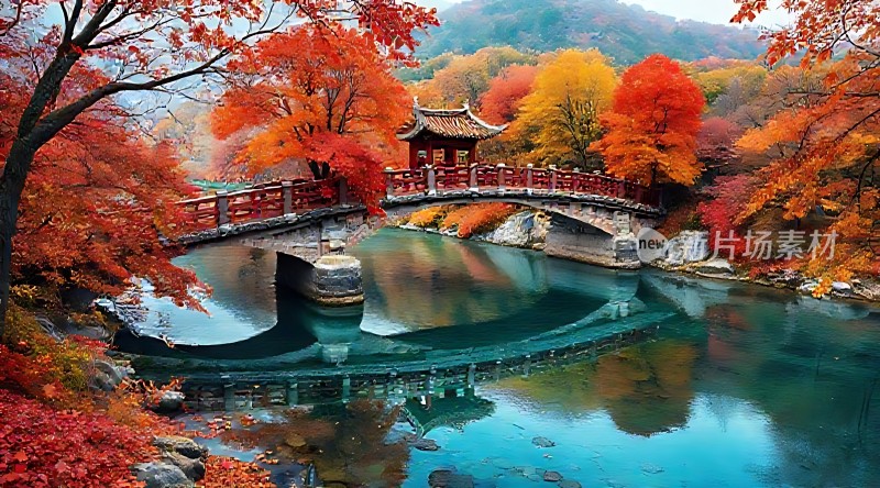 秋日红枫映碧波石桥亭立水中央