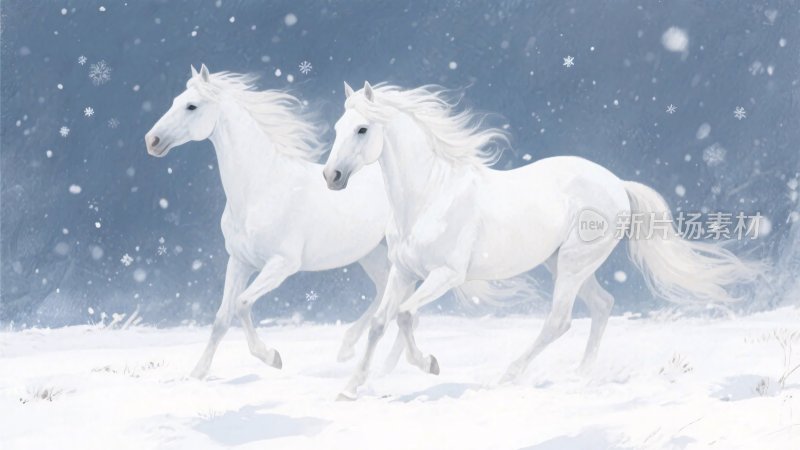 雪地里奔跑的两匹白马