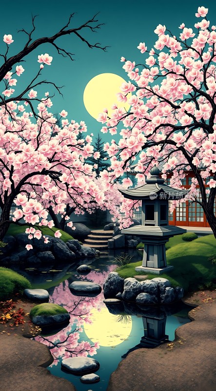 春夜月下樱花溪