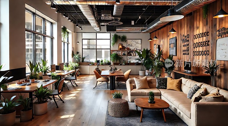 现代简约风格办公室绿植环绕温馨舒适