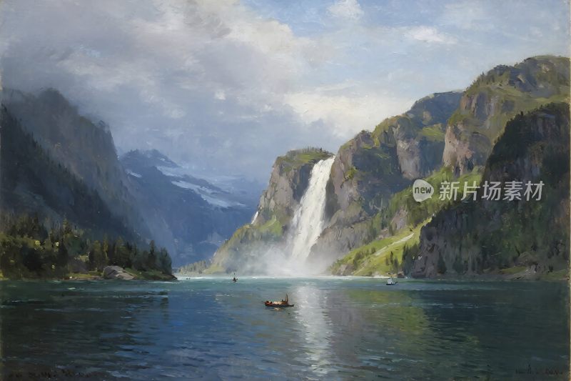 山水风景瀑布油画