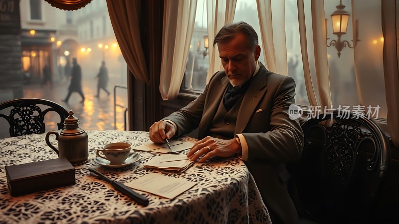优雅男士在咖啡馆内书写信件