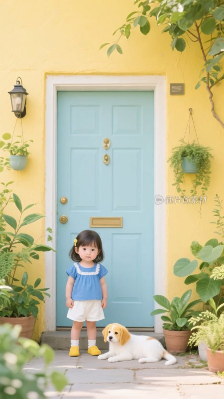 门前小女孩与小狗的温馨画面