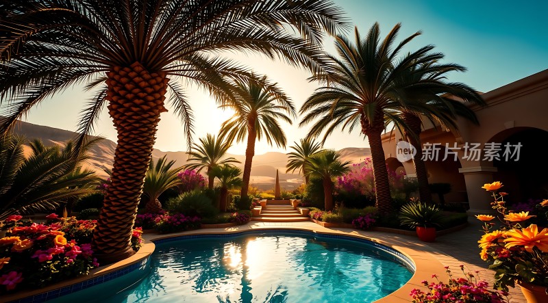 阳光下的热带风情泳池