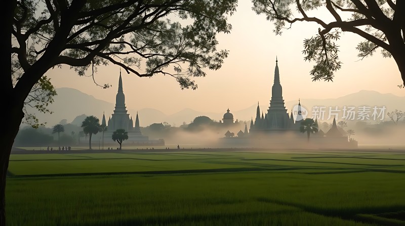 晨雾中的佛塔与稻田