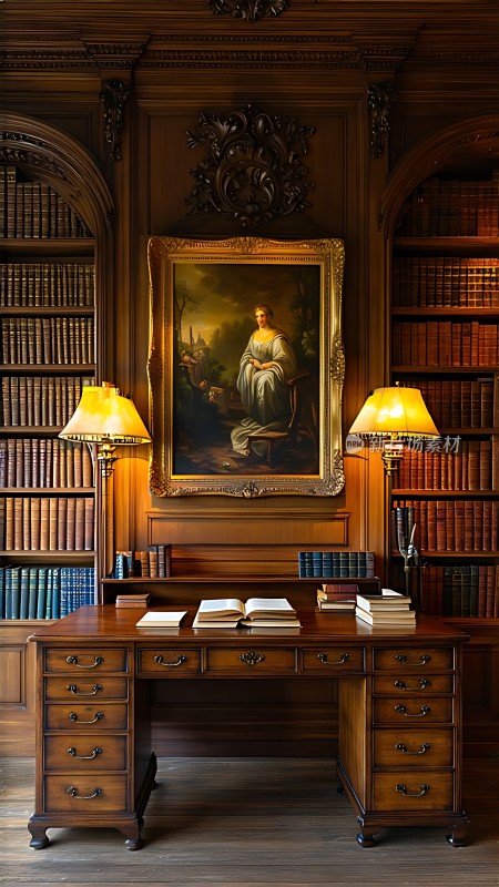古典书房书桌、画框与灯光营造优雅氛围