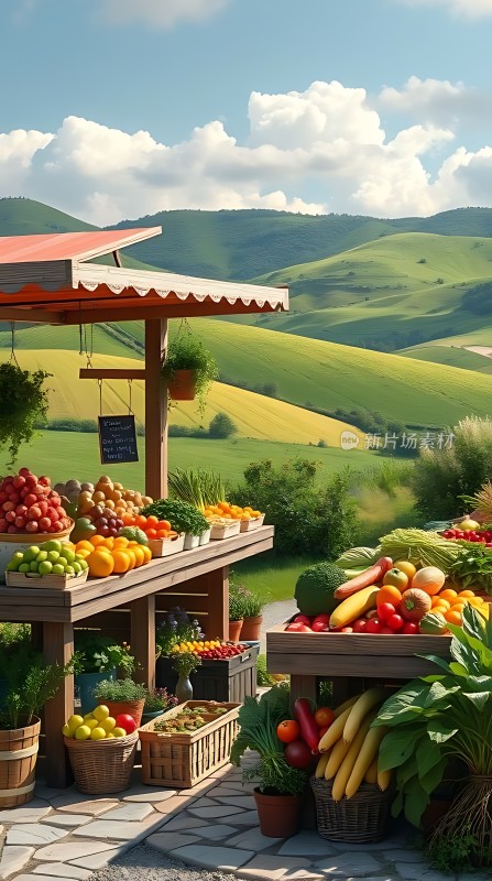 田园风光下的新鲜蔬果摊位