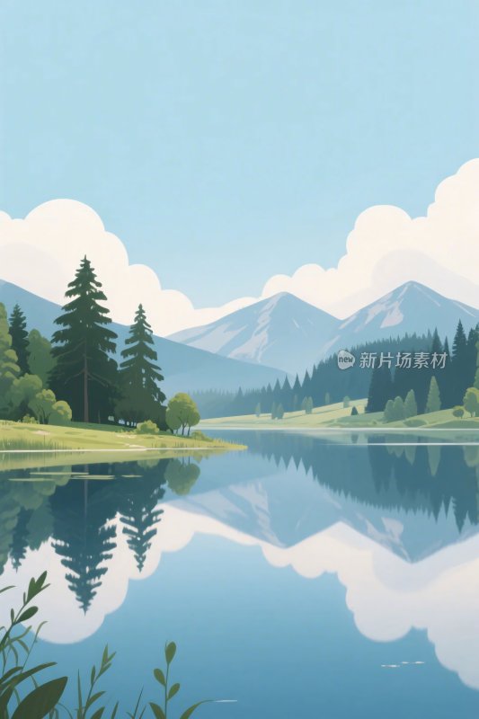 山水湖景风景插画