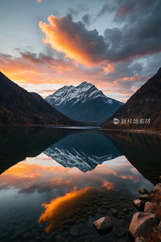 日落时分山倒映在湖中高山清风景图片