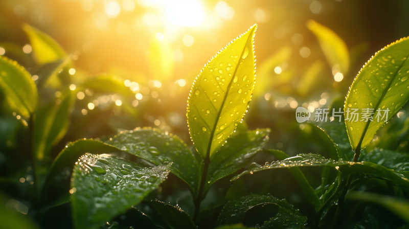 雨珠11晨曦中的茶叶嫩芽阳光下的茶园风光