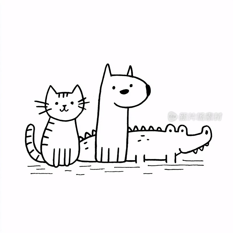 猫狗与鳄鱼的可爱插画