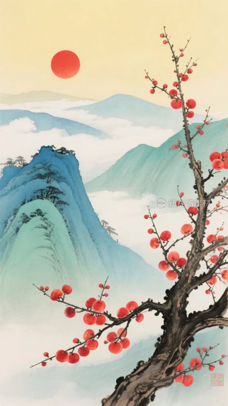 红梅映日山水图