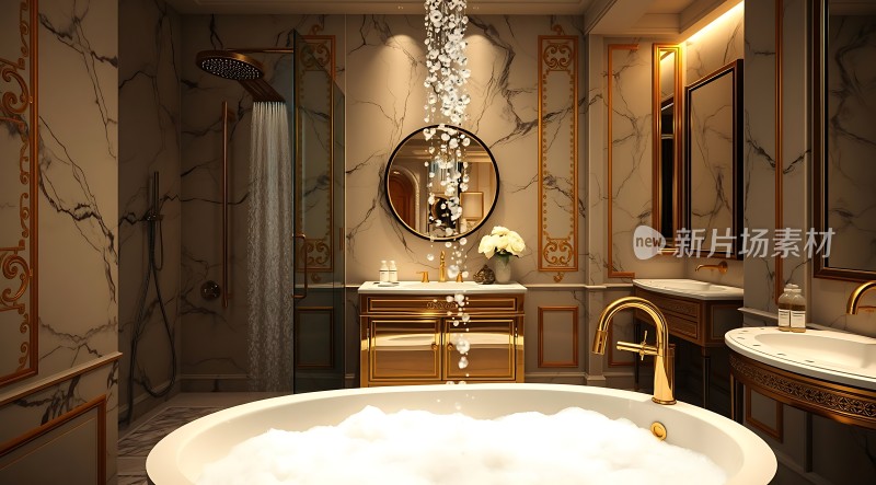 奢华浴室大理石墙面金色装饰圆形浴缸淋浴区洗手台