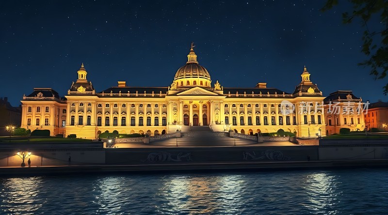 夜幕下的宏伟宫殿灯火辉煌映照湖面