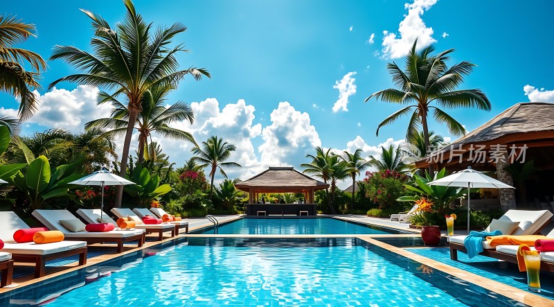 阳光下的热带风情泳池度假胜地