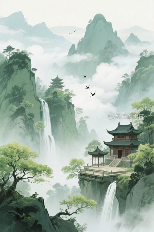 山水古风风景插画