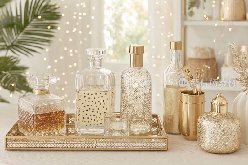 金色香水瓶装饰摆件静物图