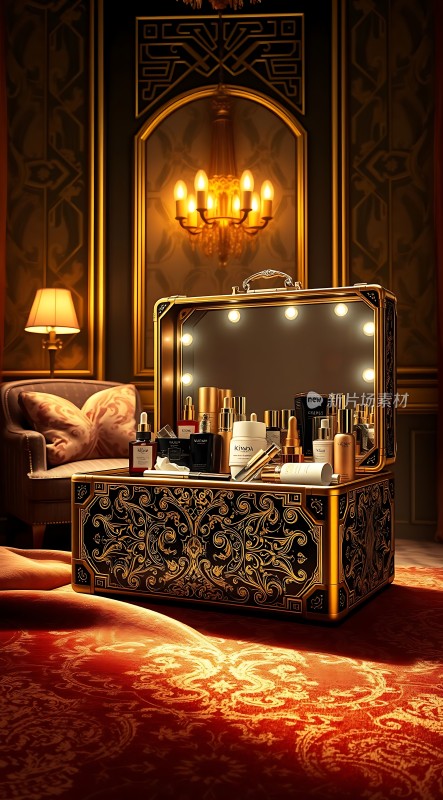 金色化妆台上的化妆品展示