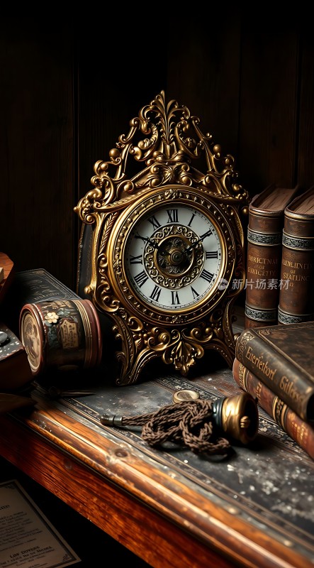 古董时钟与书籍的结合展现岁月静好的优雅氛围