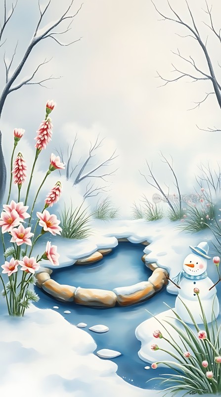 雪地里的花与雪人