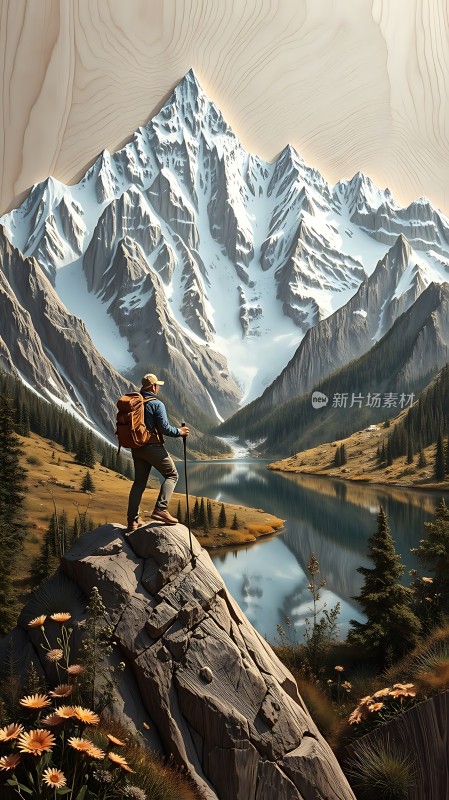雪峰下的徒步旅行者