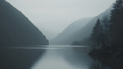 宁静湖景四周环绕着云雾缭绕群山