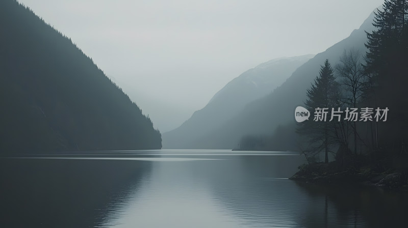 宁静湖景四周环绕着云雾缭绕群山