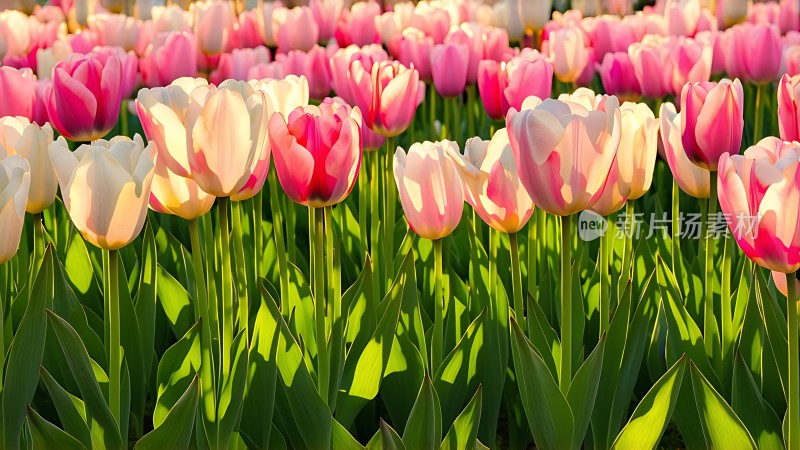 阳光下的粉色郁金香花海