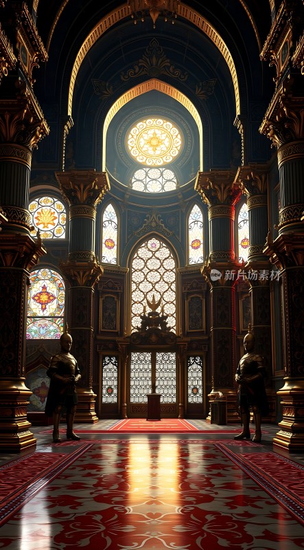 金色阳光下的宏伟宫殿内部