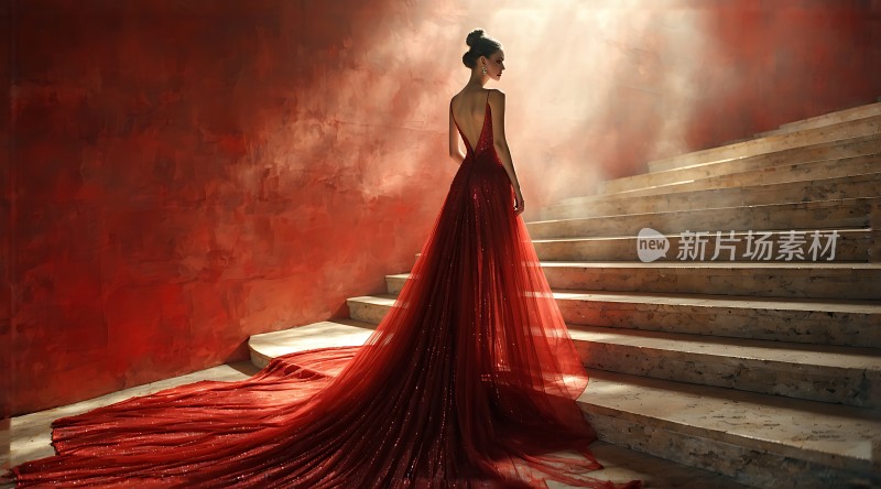 红裙佳人光影交错优雅登阶
