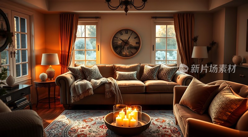 温馨客厅舒适沙发精美地毯优雅时钟浪漫蜡烛