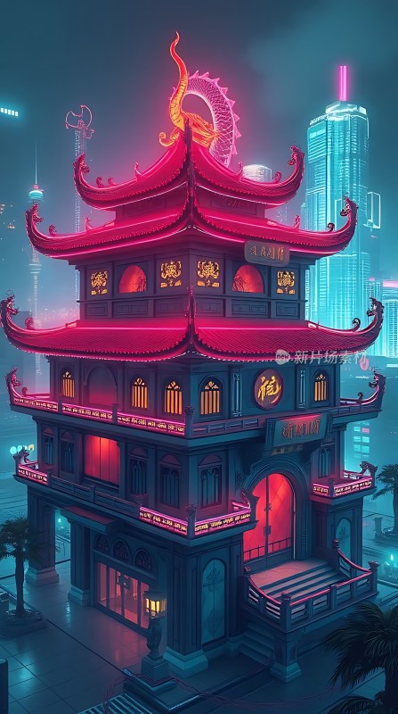 霓虹古塔映夜色科技与传统文化交融