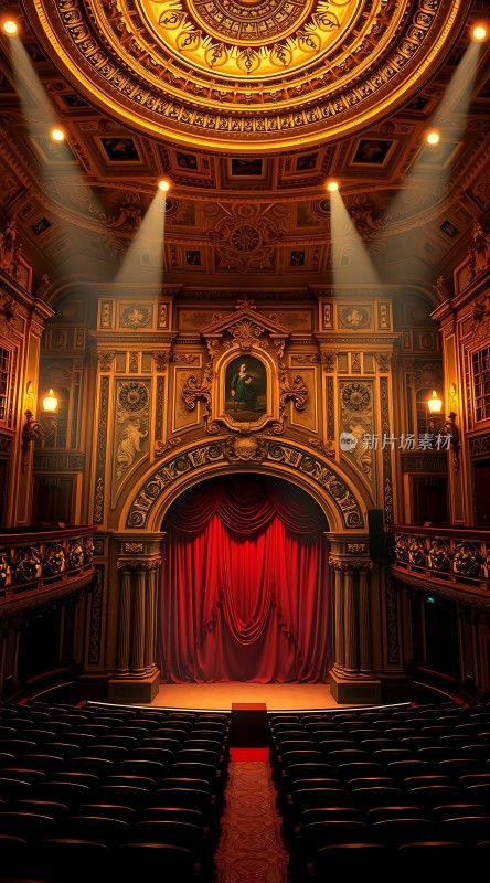 剧院舞台上的华丽灯光与红色幕布