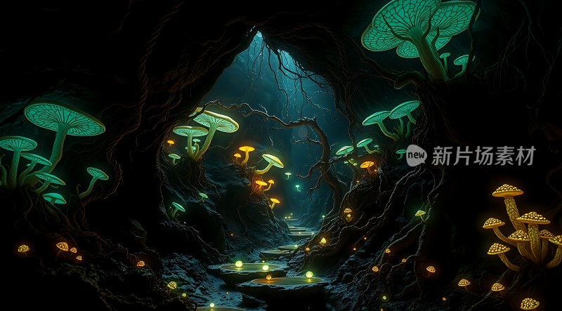 神秘洞穴中的荧光蘑菇世界