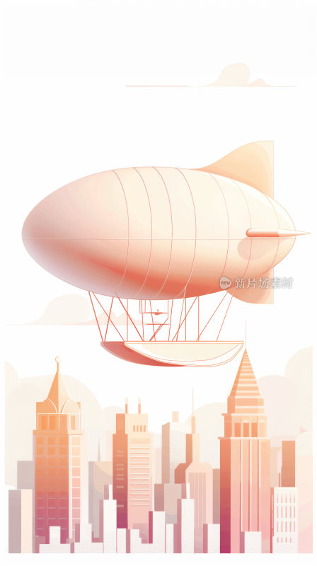 3d立体卡通风格的飞艇飞行在城市建筑上空