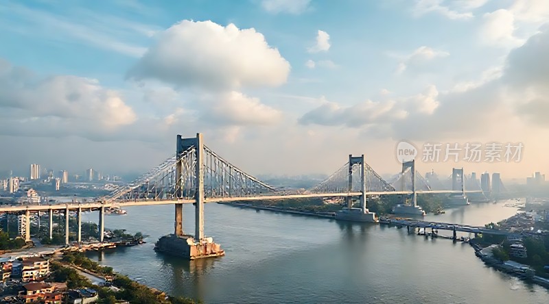蓝天白云下的跨江大桥