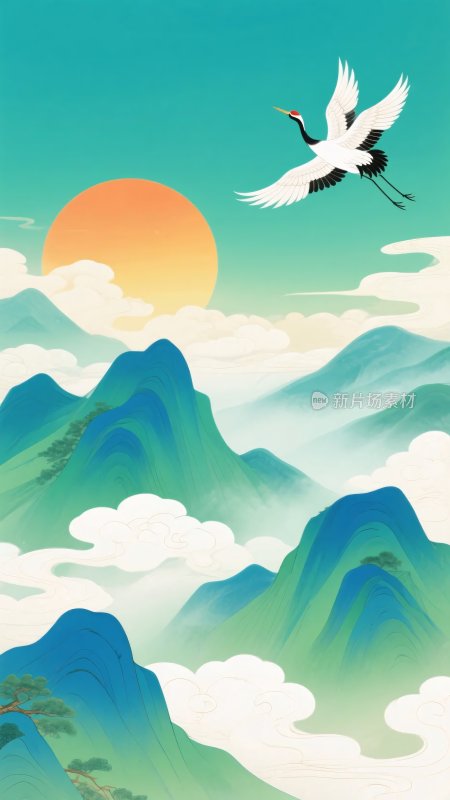 飞鹤伴日的山水风景插画