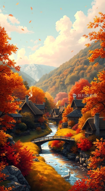 秋日暖阳下的宁静小村庄