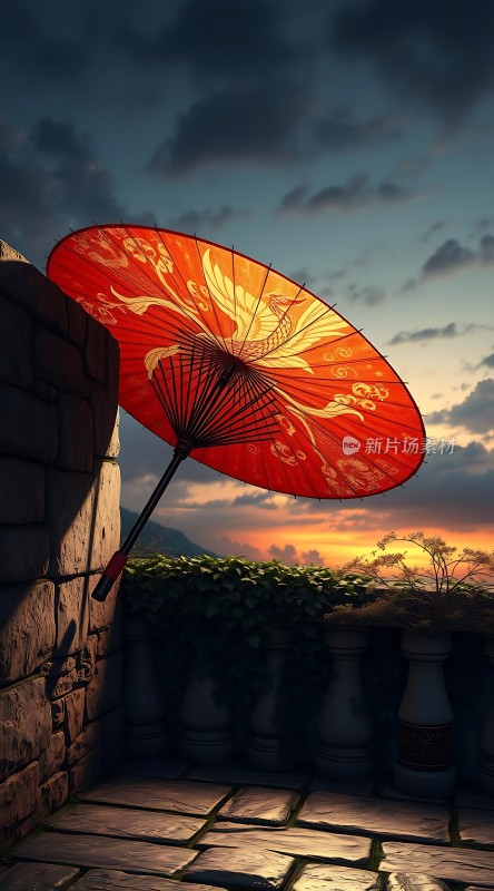 夕阳下的红色油纸伞