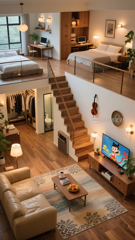温馨现代双层公寓木质楼梯连接上下层客厅有沙发和电视卧室有床和书桌