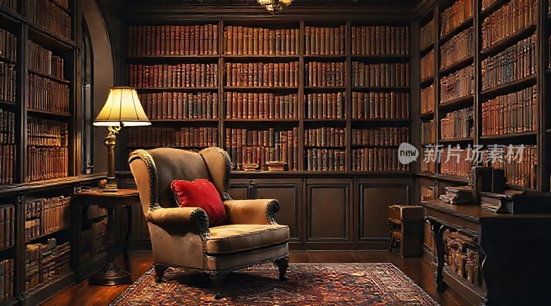 古色古香书房书架、椅子和地毯