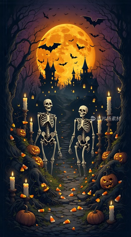 万圣节之夜骷髅舞动南瓜灯下