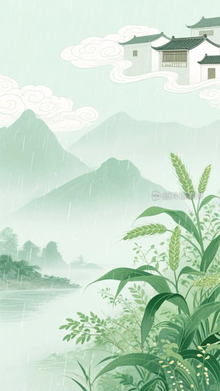 中式山水田园插画风景