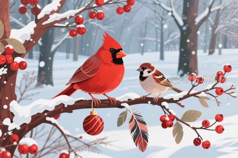 冬季雪景鸟类插画