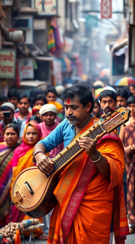街头乐师弹奏传统乐器观众围观