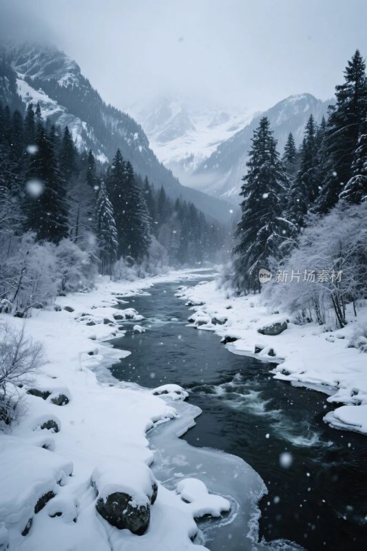 雪山溪流雪景图
